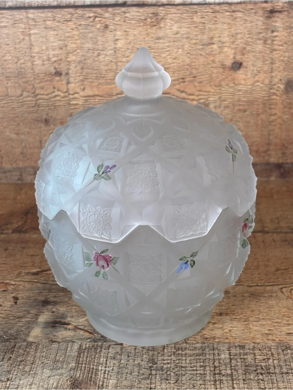 Vtg Westmoreland Frosted Satin Glass Old Quilt Candy Dish Hand Painted Flowers